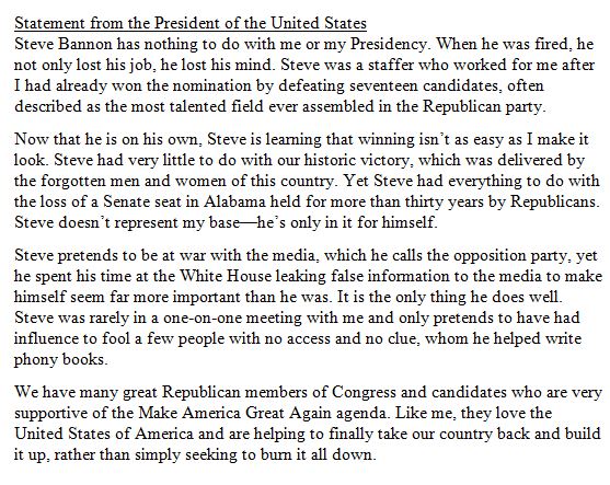 Trump statement on Steve Bannon: When he was fired, he not only lost his job, he lost his mind.   