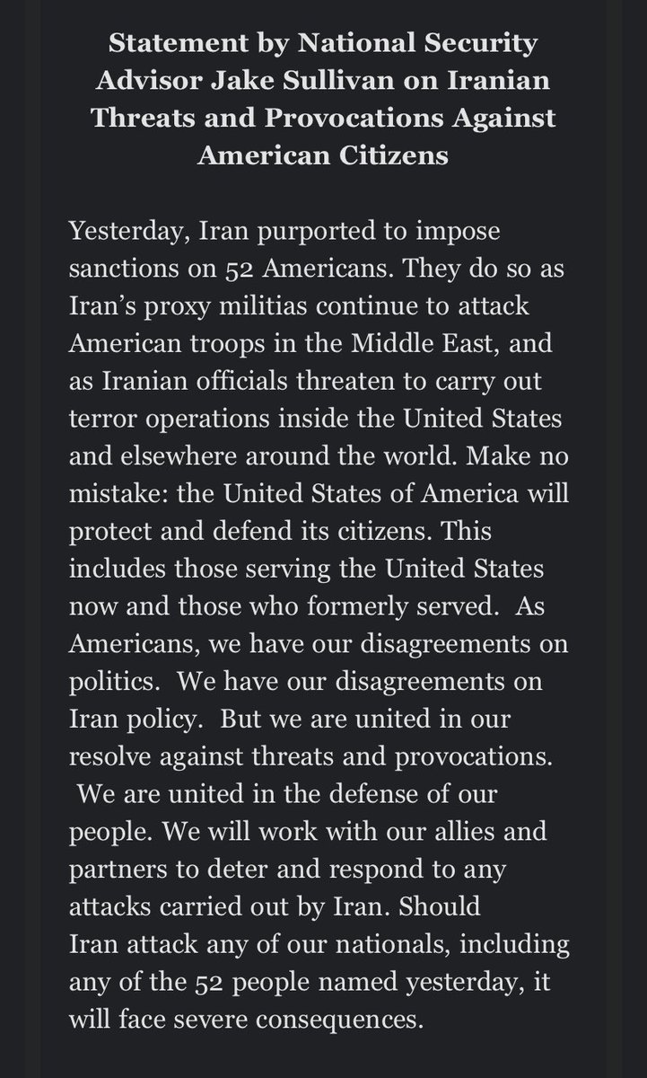 Jake Sullivan:  As Americans, we have our disagreements on politics.  We have our disagreements on Iran policy. But we are united in our resolve against threats and provocations.  We are united in the defense of our people. We are united in the defense of our people