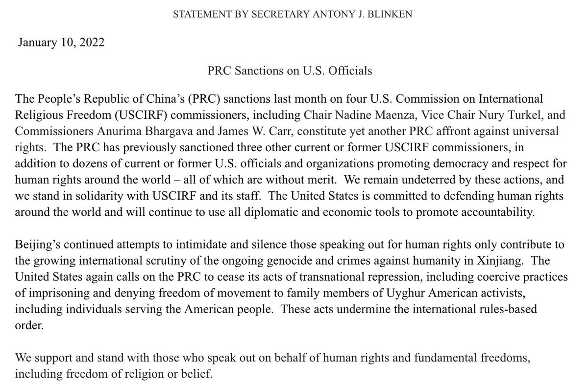 U.S. is undeterred by People's Republic of China's continued attempts to intimidate and silence those speaking out for HumanRights. Full statement from @SecBlinken on China's sanctions against U.S. officials. We stand in solidarity with @USCIRF and its staff