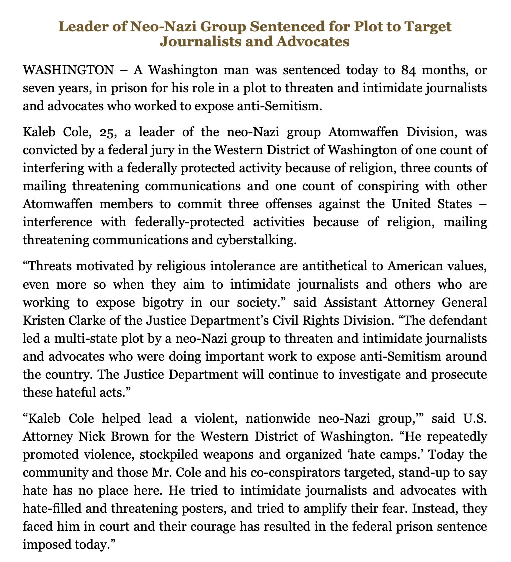 25yo leader of the neo-Nazi Atomwaffen Division gets 7 years behind bars for plot to target journalists and others  Kaleb Cole was convicted on a total of 5 counts, including mailing threatening communications, per @TheJusticeDept