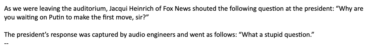 What a stupid question, President @JoeBiden says after Fox's @JacquiHeinrich asks, Why are you waiting on Putin to make the first move, sir?   Per pooler @alexnazaryan