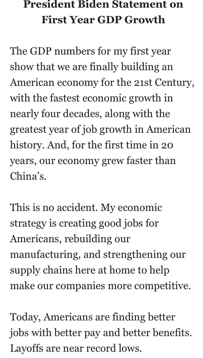 @POTUS Biden on last year's record 6.9% annual economic growth rate, a feat he notes that means for the first time in 20 years, our economy grew faster than China's