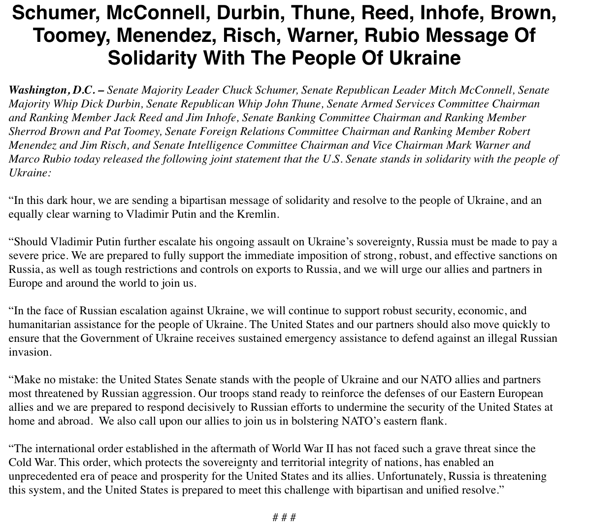 Bipartisan group of Senate leaders send message of solidarity with the people of Ukraine