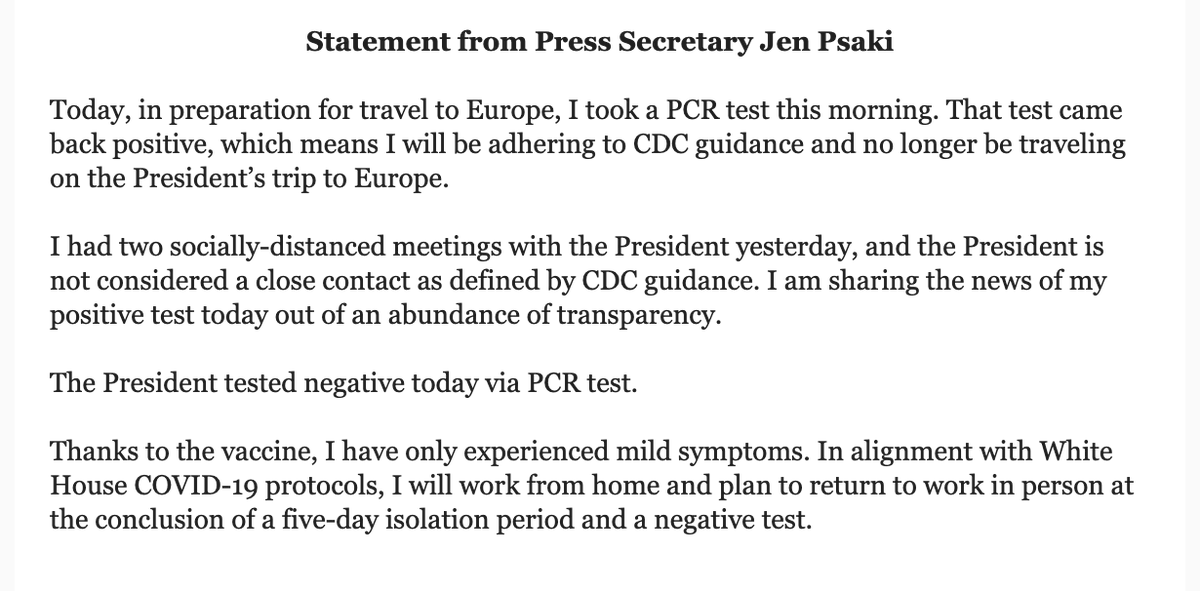 .@PressSec says she has tested positive for Covid while preparing to travel to Europe with POTUS. She will isolate. She was in socially-distant meetings with POTUS yesterday. He tested negative today