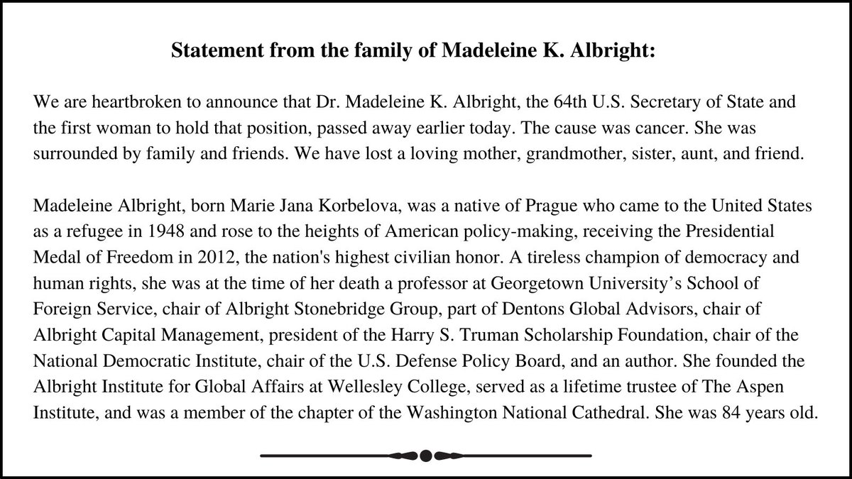 Madeleine Albright, first female US secretary of state, dies. Below is a statement from the family of @Madeleine