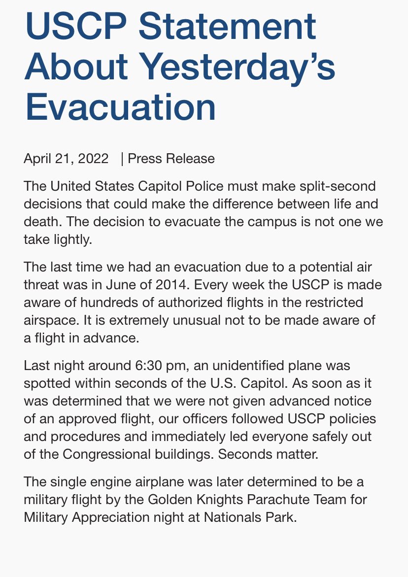 .@CapitolPolice have issued a statement about last night's evacuation. It had been eight years since the Capitol complex was evacuated for a potential air threat