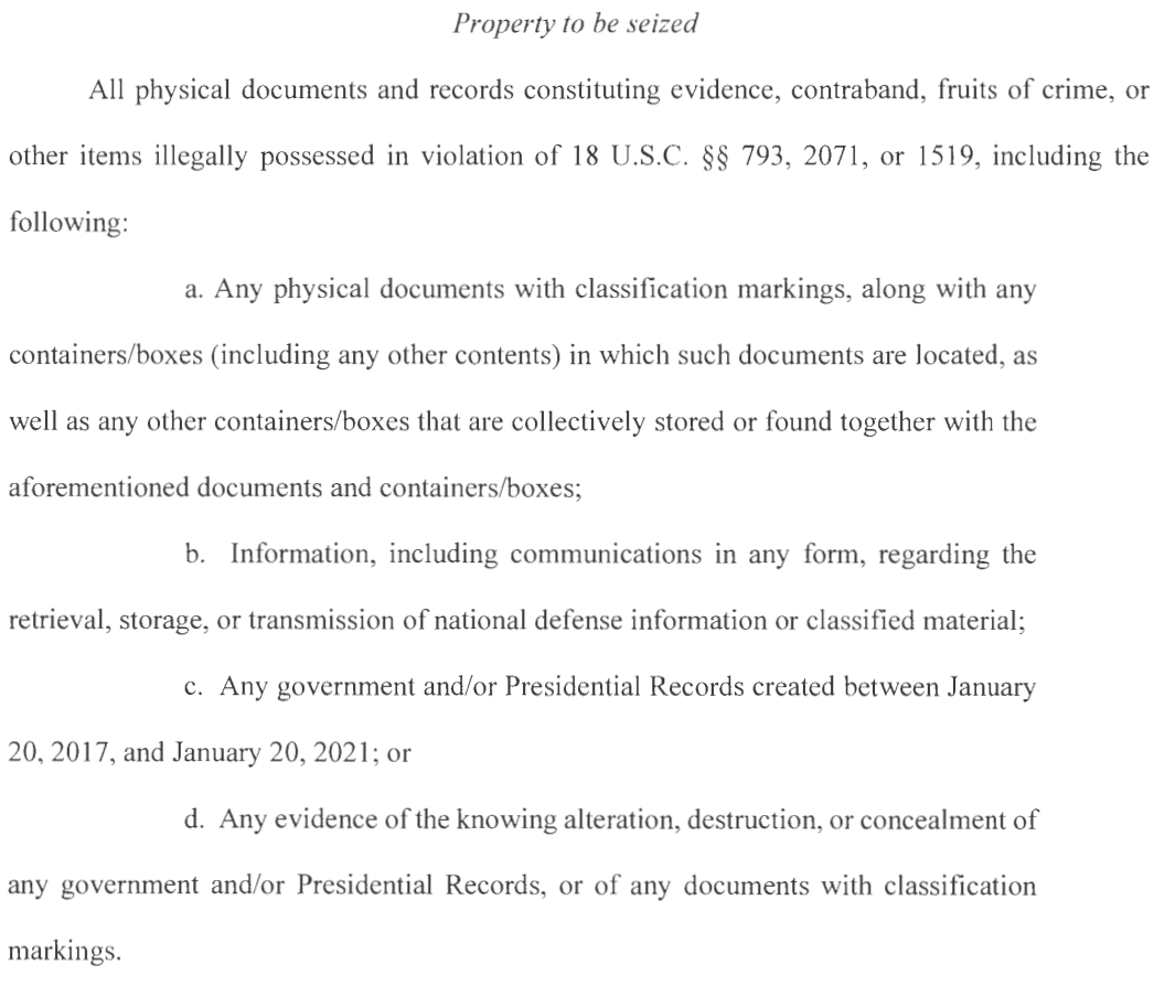 Department of Justice unsealed Trump warrant: They were looking for documents and records constituting evidence, contraband, fruits of crime, or other items illegally possessed in violation of 18 U.S.C. §§ 793, 2071, or 1519