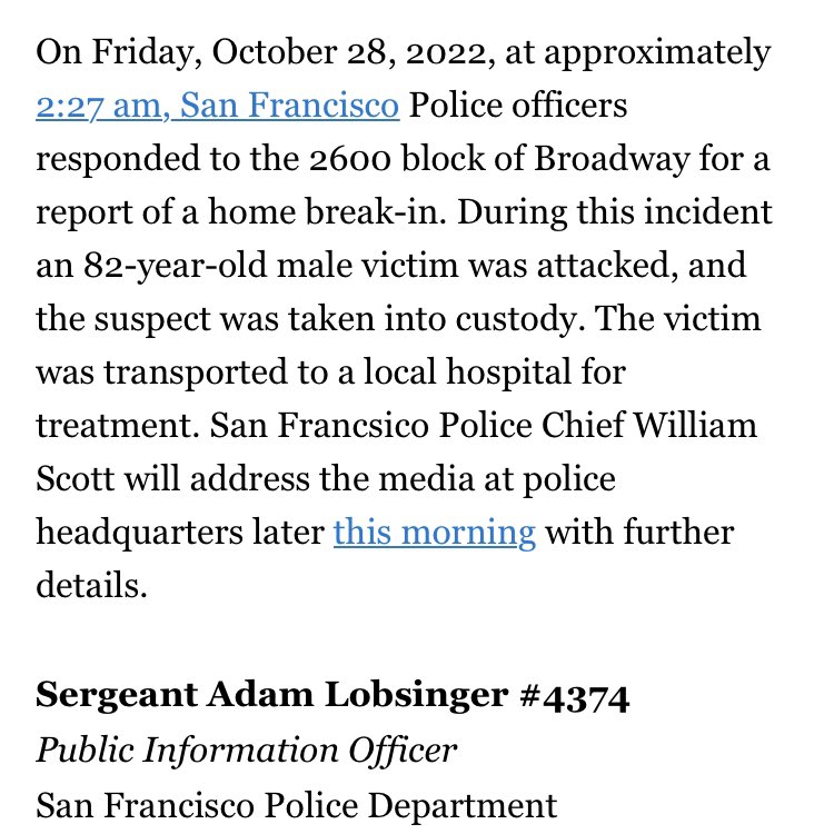 SF police release statement on the Paul Pelosi assault