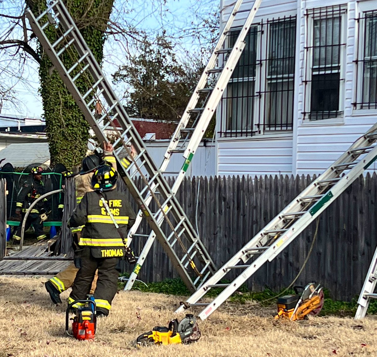 Working Fire Dispatch 1300 block V St SE. Fire knocked down in both homes. Opening up and hitting hotspots. No injuries reported. Displacements anticipated. Investigators on scene. DC firefighters