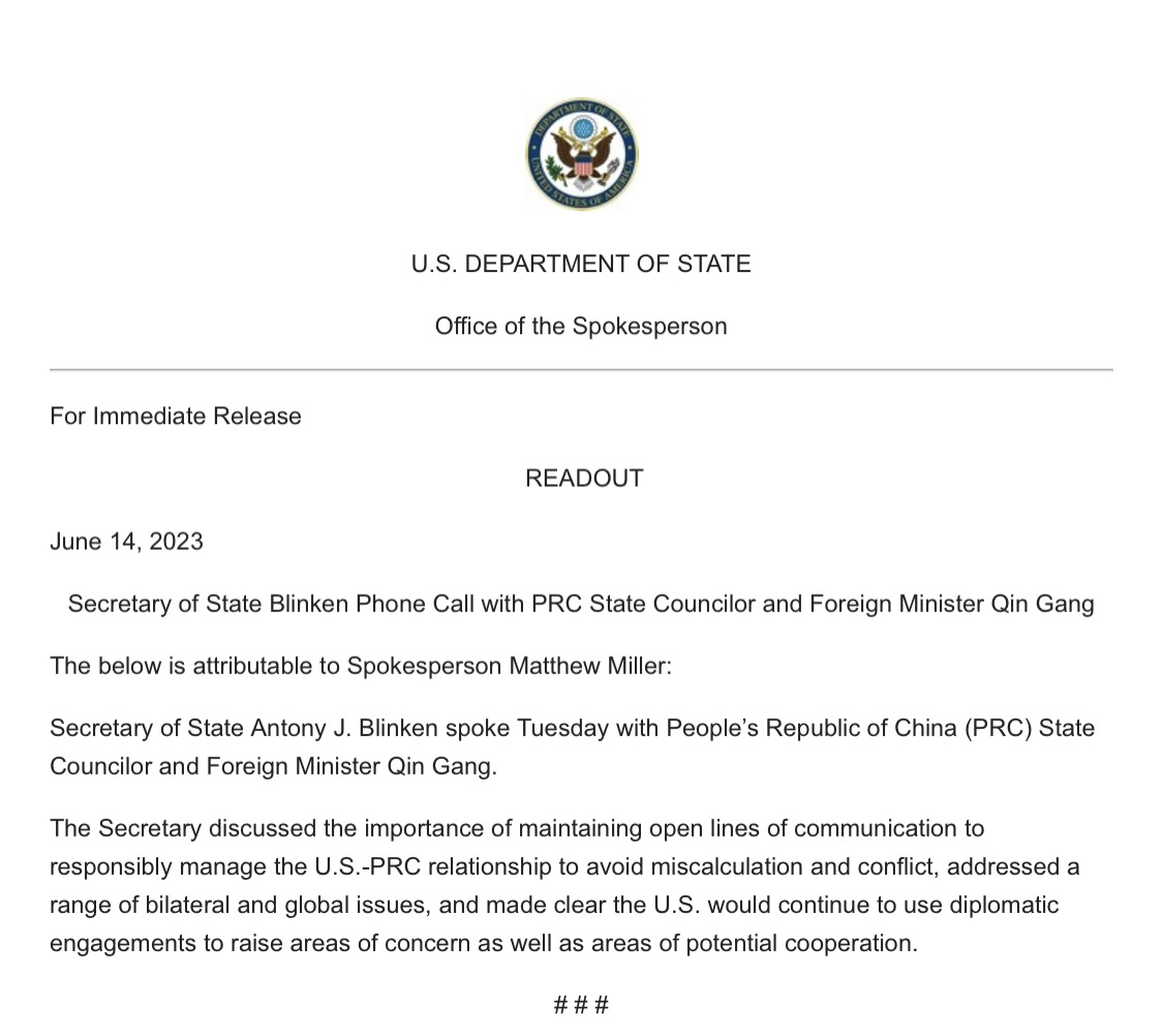 Secretary of State Blinken spoke Tuesday with China State Councilor and Foreign Minister Qin, according to the State Department