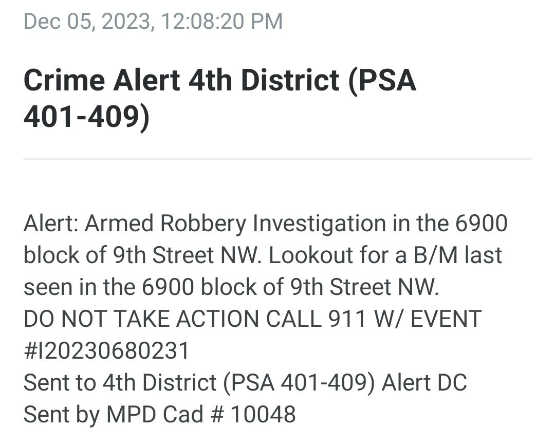 POSSIBLE ROBBERY SPREE-- 6900 blk 9th St NW and 3300 blk 17th St NW DC.  Possibly the same duo is responsible for both street robberies using a stolen car