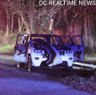 Homicide VEHICLE LOCATED: MPD detectives on scene investigating this Wh. Jeep Cherokee believed to be associated with the Mass Shooting in D.C. the vehicle was located on fire in P.G. County