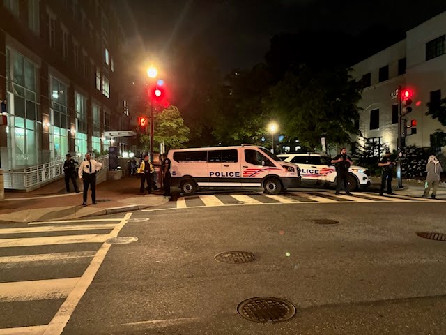 GW PRO-PALESTINE ENCAMPMENT GETS RAIDED. These are the people who have cleared out from U Yard.  gathering at 21st and H Sts NW. MPD (assisted by other agencies) is moving in on the Pro-Palestine protesters at George Washington University in Washington, D.C. 