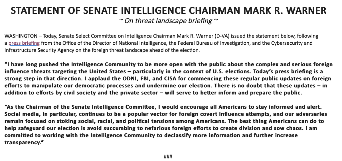 Senate Intelligence Committee Chair @MarkWarner encourages US voters to stay alert following warning from intel officials about Election2024 our adversaries remain focused on stoking social, racial, and political tensions among Americans 