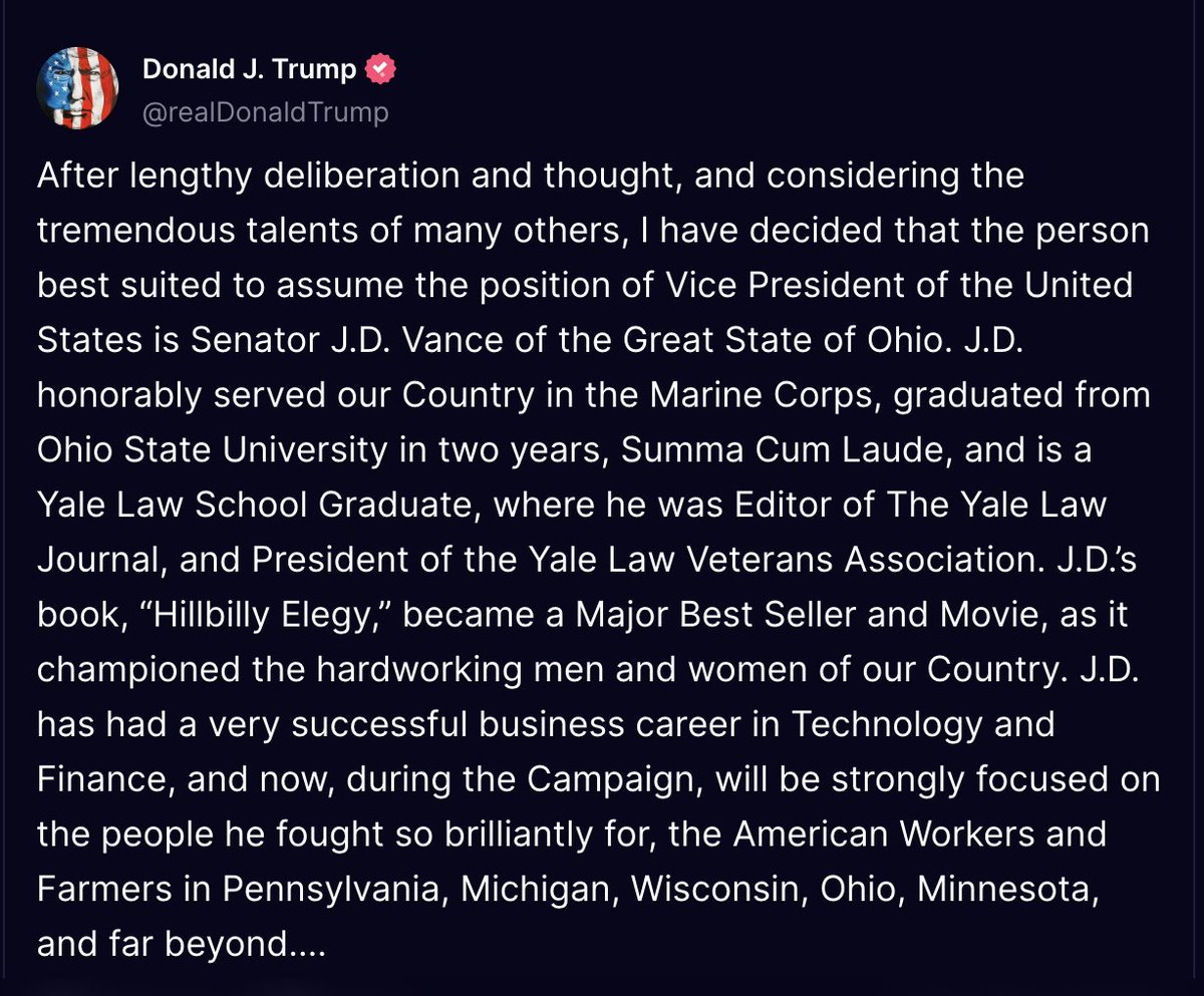 Trump's full post announcing J.D. Vance