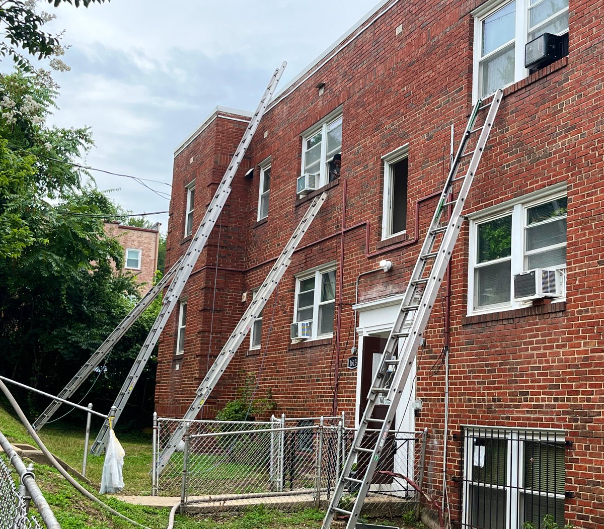 Box Alarm 1600 block 29th St SE. Fire 1 apartment in 3 story occupied building under control. Firefighters removed infant via ladder from 2nd floor window &amp; mom via interior. Both evaluated by EMS and  released on scene. Air unit &amp;amp; Fire investigator requested. DC firefighters