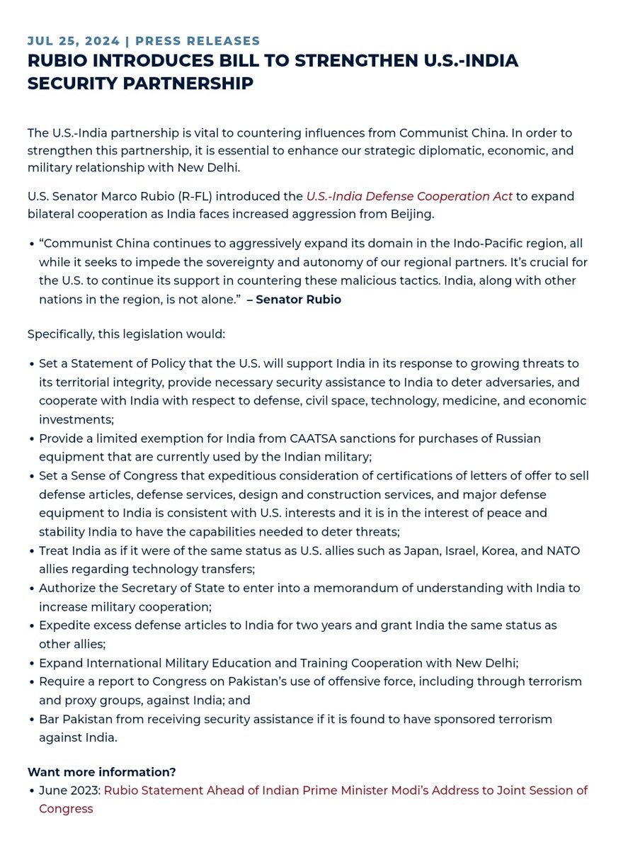 Le sénateur américain Marco Rubio a présenté la loi sur la coopération en matière de défense entre les États-Unis et l'Inde pour élargir la coopération bilatérale alors que l'Inde fait face à une agression accrue de la part de Pékin : communiqué