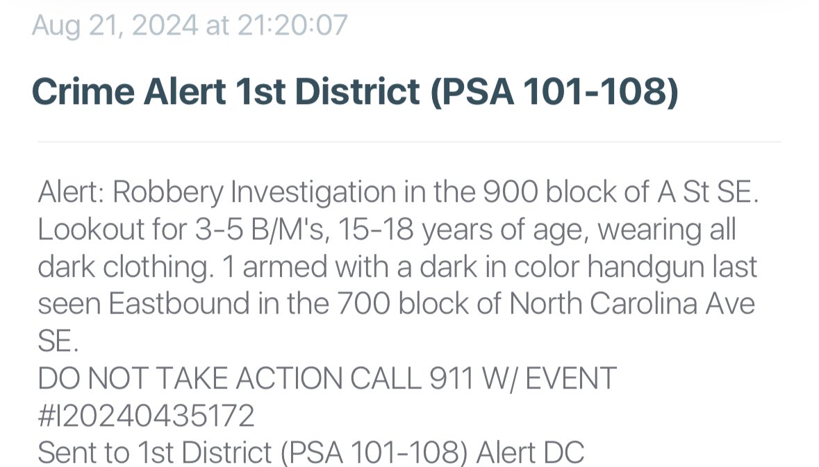 ARMED ROBBERY BY JUVENILES ON THE HILL: 900 block of A Street SE in CapitolHillDC  three to five males, as young as *15* robbed a civilian at gunpoint