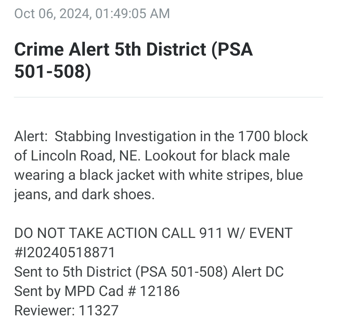 PROBABLE FATAL STABBING-- 1700 blk Lincoln Rd NE at R St