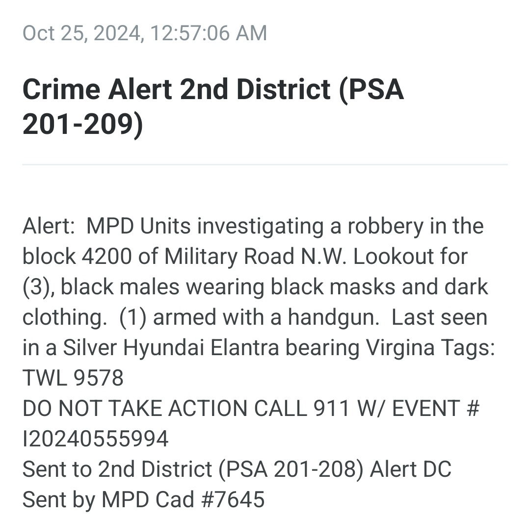 Pair of ARMED ROBBERIES in ChevyChaseDC on Legation St and Military Rd in Friendship Heights DC