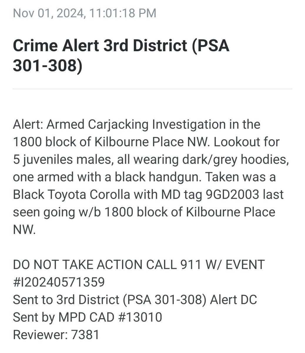 2028 MLK Ave SE. Suspects are four teens armed with handguns and rifles. They are using the same Toyota Corolla with a bike rack on the rear carjacked from Kilbourne Pl