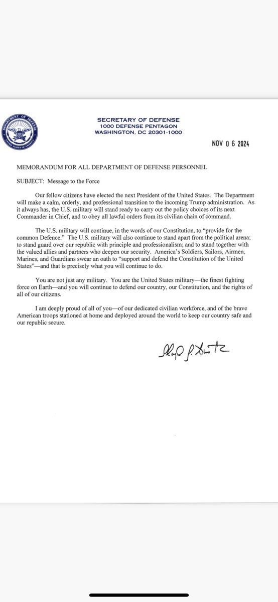 U.S. Defense Secretary Austin has sent out a memo to troops where he said the United States military was committed to an orderly transition to the Trump administration, adding that the military would not get involved in politics and was ready to carry out all lawful orders.