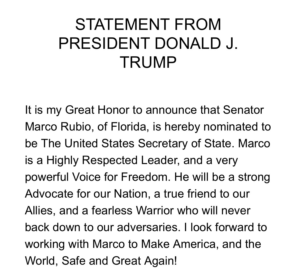 Senator Rubio is officially the pick for Secretary of State