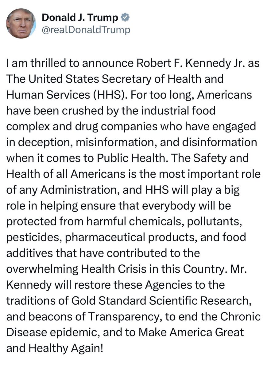 President-Elect Donald J. Trump has announced his nomination of Robert F. Kennedy Jr. to the position of Secretary of Health and Human Services