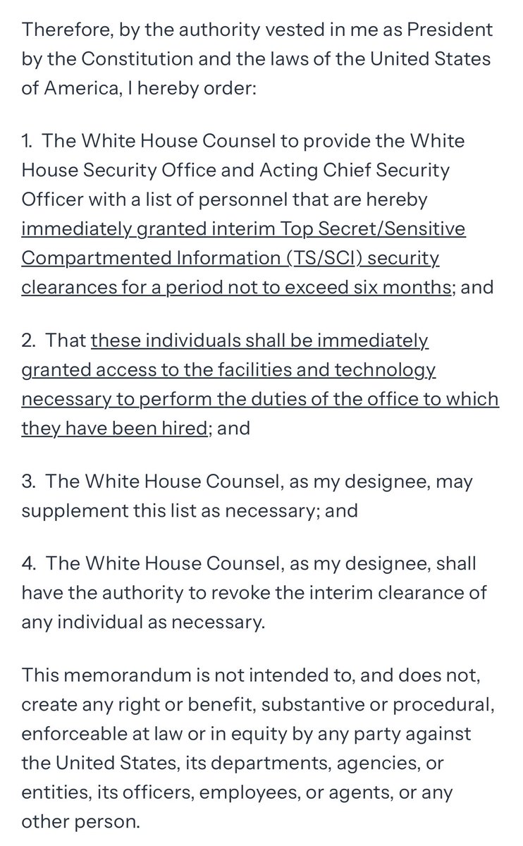 Another executive order Trump just signed gives the White House counsel the full authority to give interim, top secret security clearances to whomever the president wants for up to 6 months