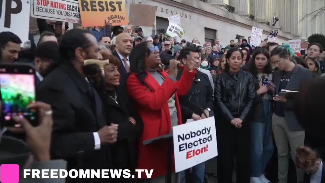 Let us in. Let us in. Protesters chant outside Treasury Department In Washington DC, we will not stand for this, we will fight back said Rep. LaMonica McIver (D-NJ)