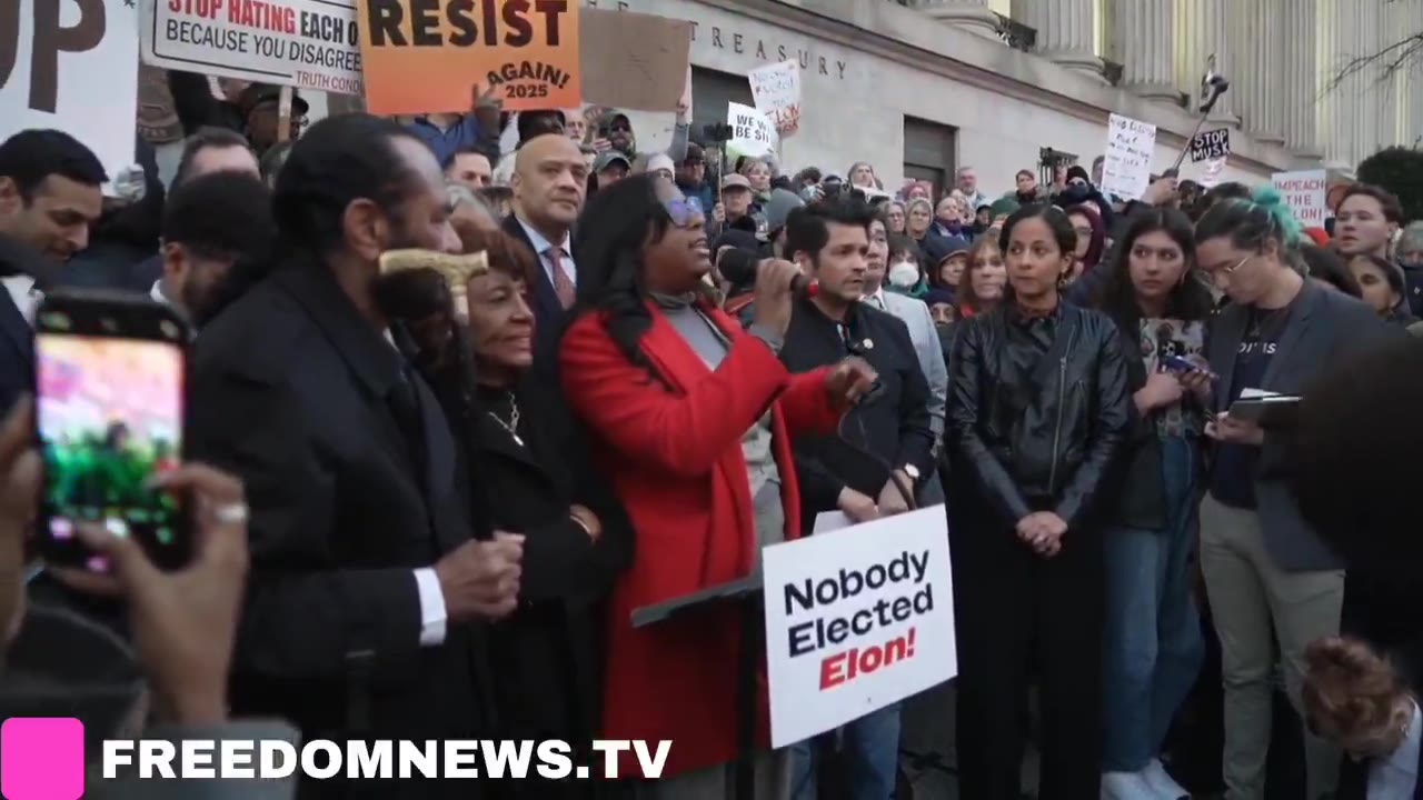 Let us in. Let us in. Protesters chant outside Treasury Department In Washington DC, we will not stand for this, we will fight back said Rep. LaMonica McIver (D-NJ)