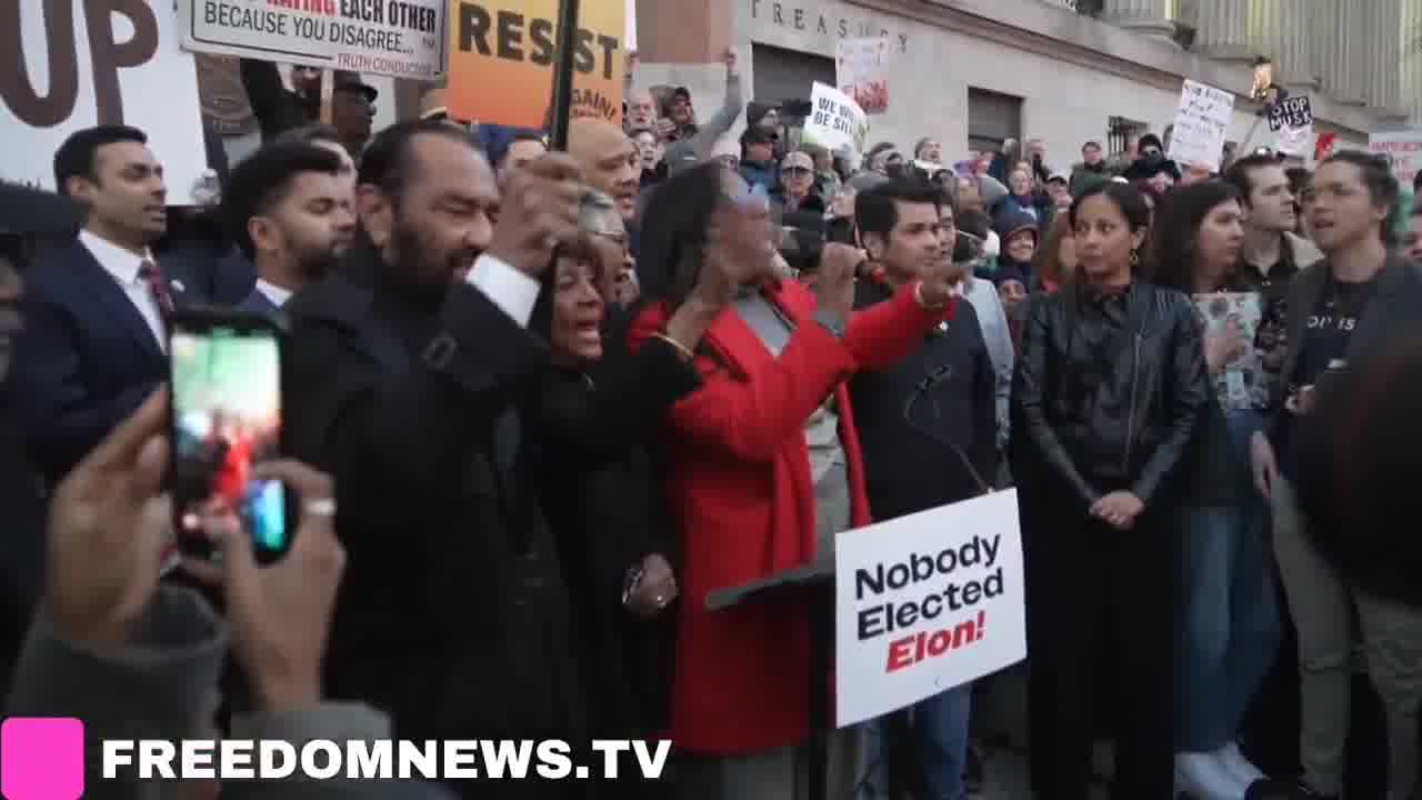 Let us in. Let us in. Protesters chant outside Treasury Department In Washington DC, we will not stand for this, we will fight back said Rep. LaMonica McIver (D-NJ)