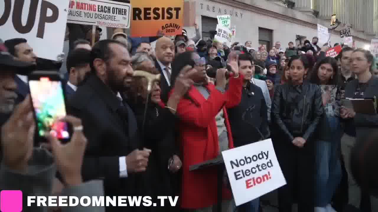 Let us in. Let us in. Protesters chant outside Treasury Department In Washington DC, we will not stand for this, we will fight back said Rep. LaMonica McIver (D-NJ)