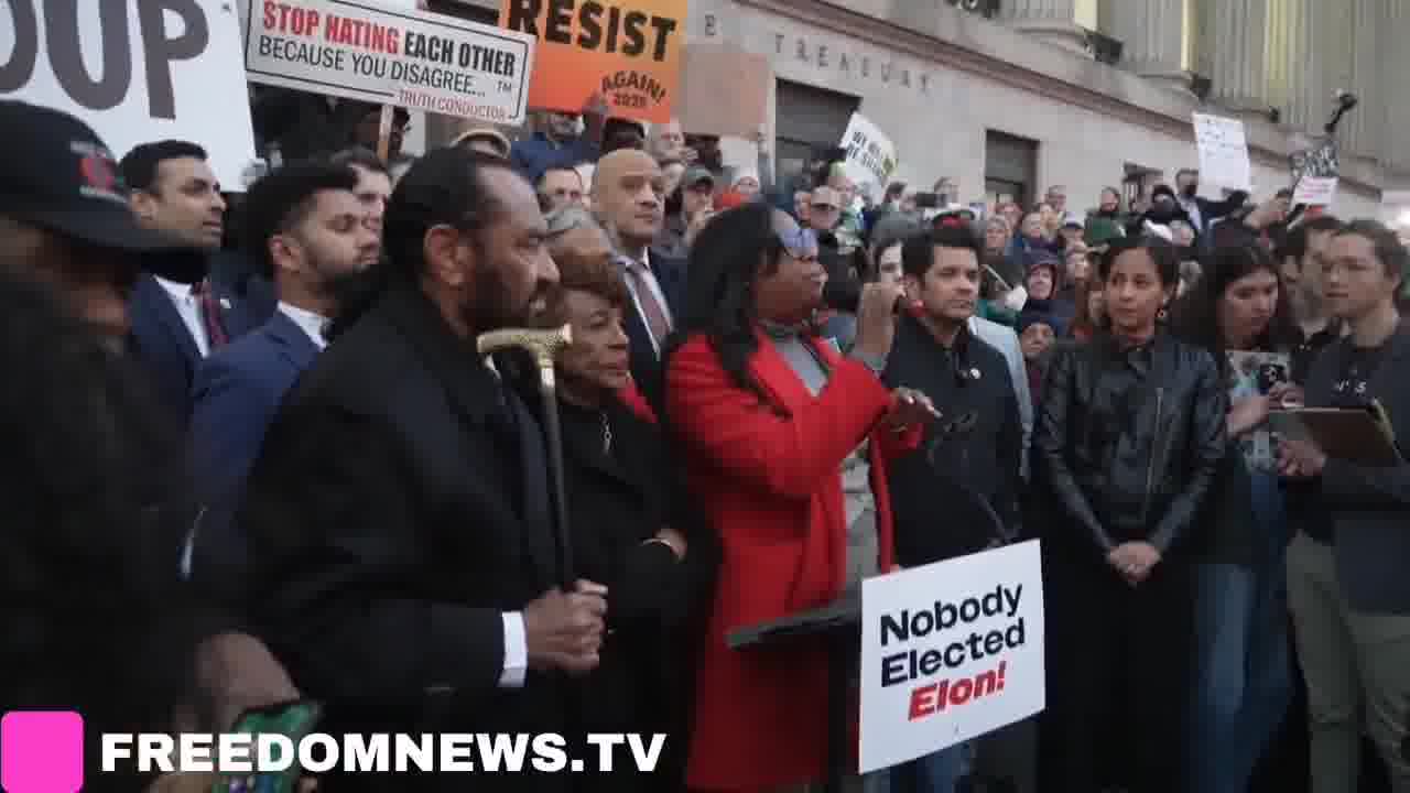 Let us in. Let us in. Protesters chant outside Treasury Department In Washington DC, we will not stand for this, we will fight back said Rep. LaMonica McIver (D-NJ)