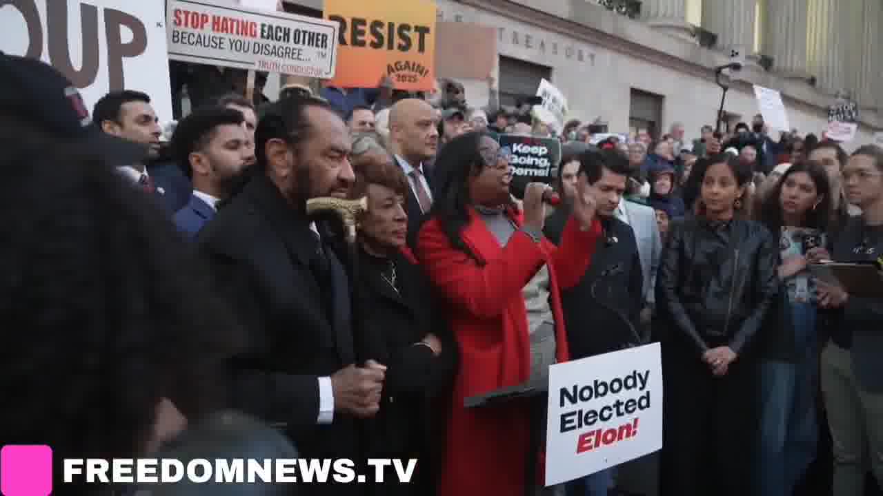 Let us in. Let us in. Protesters chant outside Treasury Department In Washington DC, we will not stand for this, we will fight back said Rep. LaMonica McIver (D-NJ)