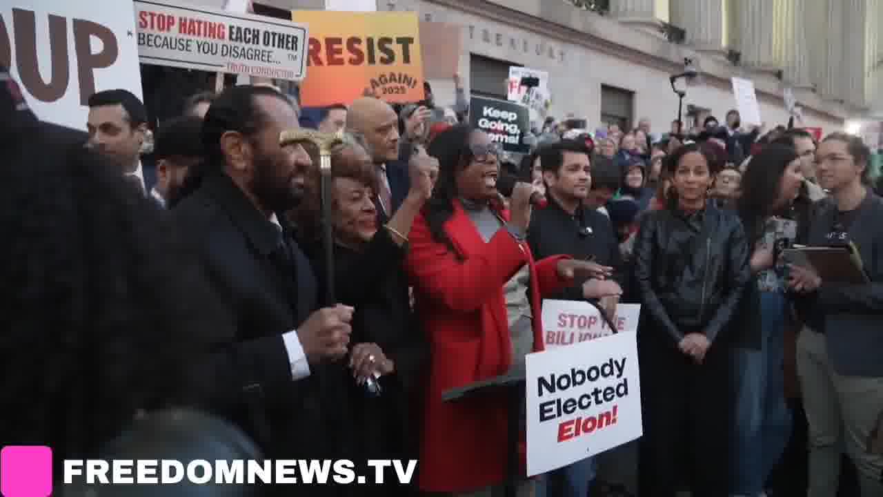 Let us in. Let us in. Protesters chant outside Treasury Department In Washington DC, we will not stand for this, we will fight back said Rep. LaMonica McIver (D-NJ)