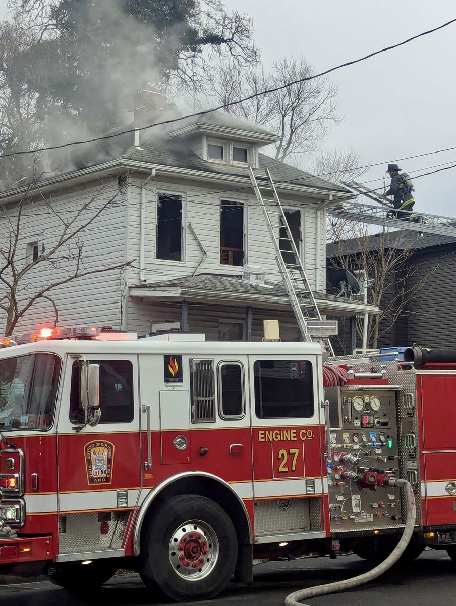 Fire 1100 block 48th St NE. Had fire 2nd floor and attic 2 story occupied detached wood house. Fire under control with no injuries. Request @RedCrossNCGC for 3 adults, 3 children, and several dogs displaced. DC firefighters