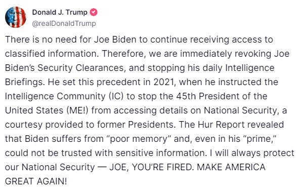 Trump says Biden's access to classified information has been revoked