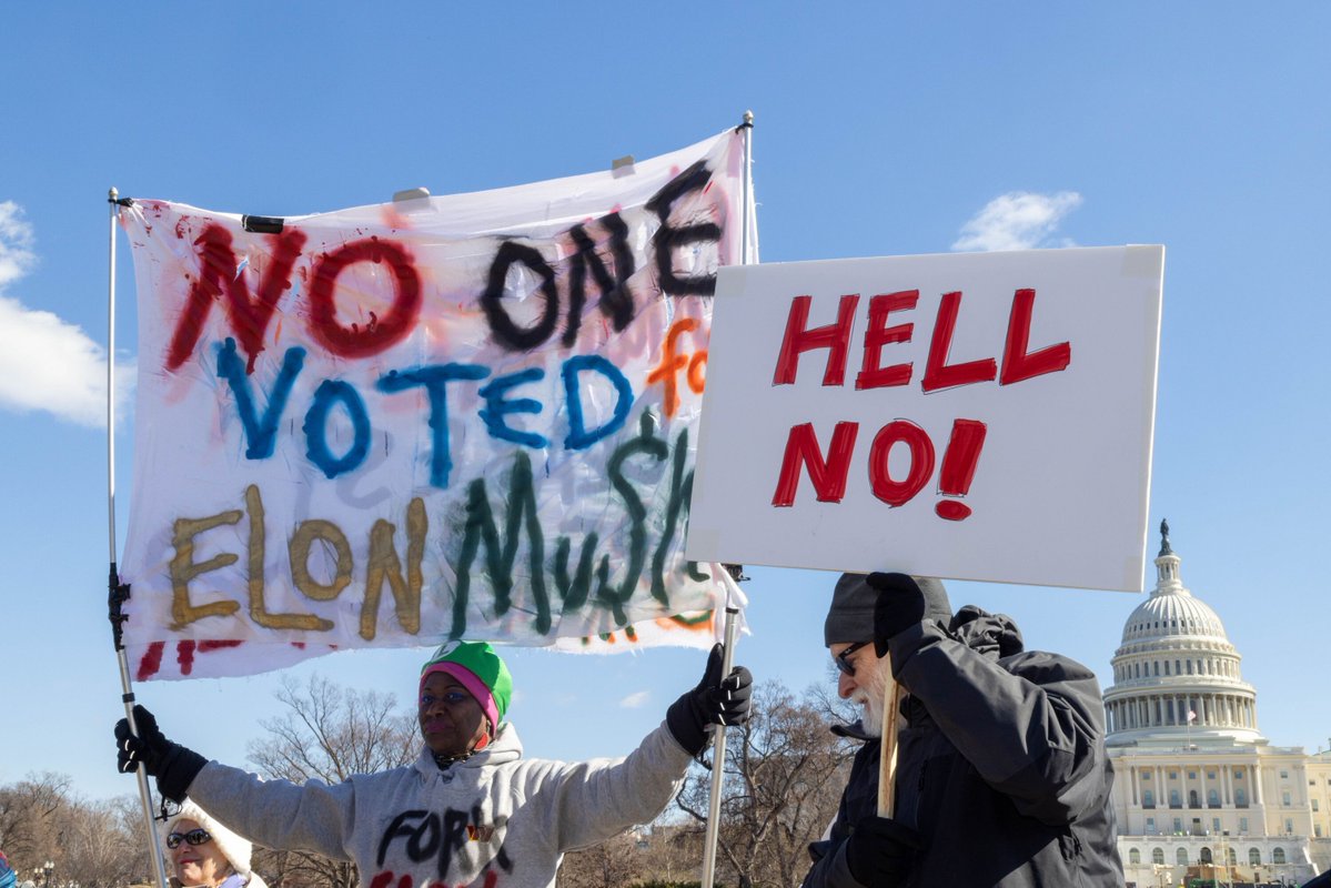 Around 3,000 people gathered at the US Capitol Reflecting Pool in DC on Monday to protest the deep cuts President Trump and Elon Musk are making to the federal government