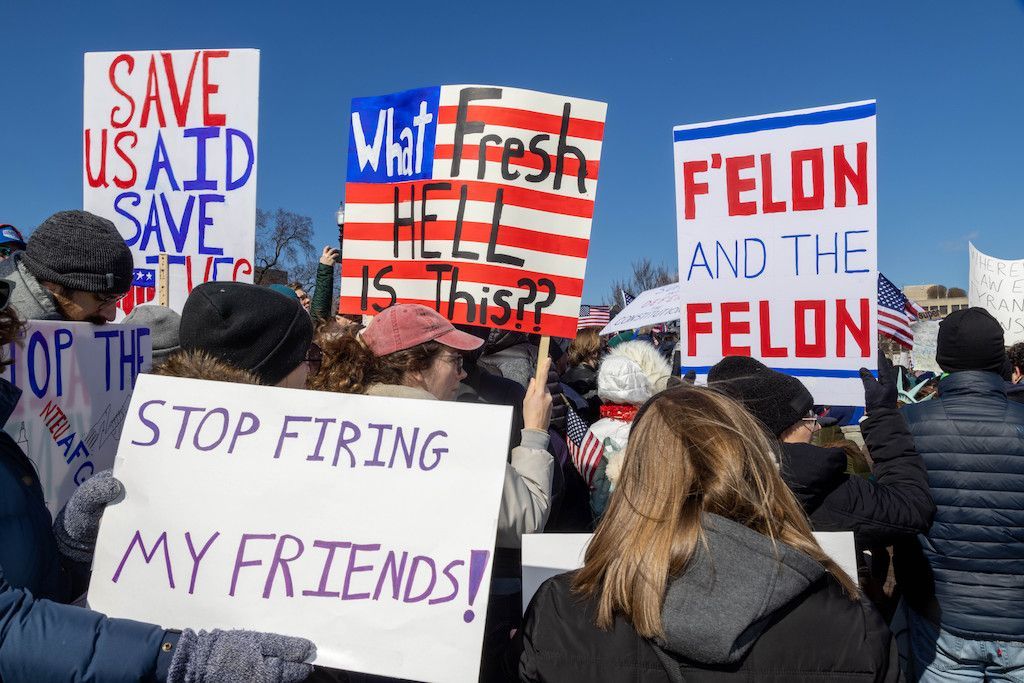 Around 3,000 people gathered at the US Capitol Reflecting Pool in DC on Monday to protest the deep cuts President Trump and Elon Musk are making to the federal government