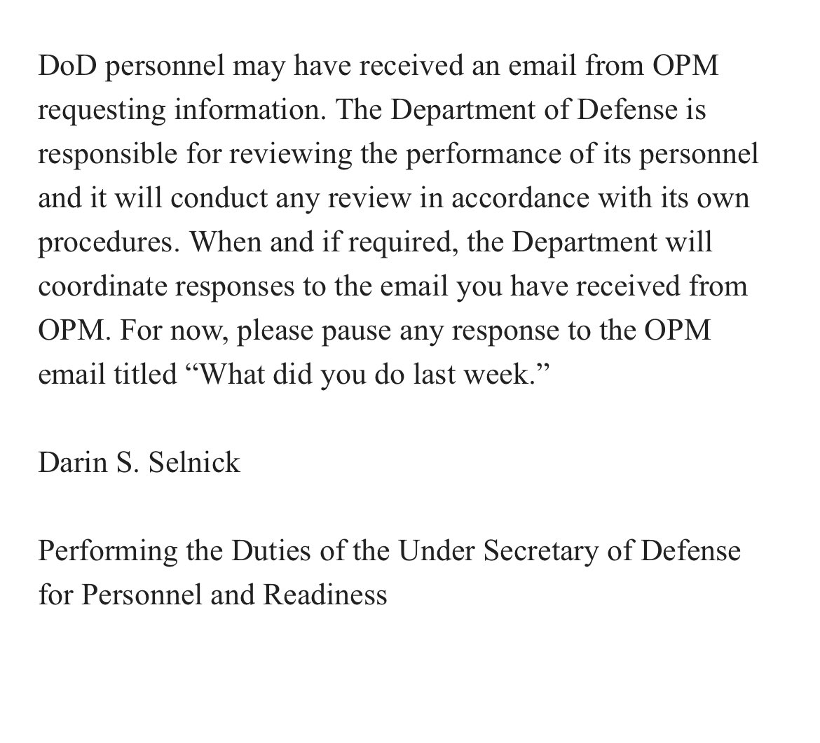 Defense Department Statement on OPM Mail Guidance: ignore it