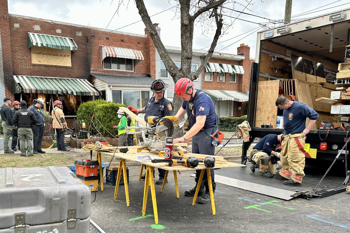 Following the 2 Alarm fire in the 2200 block of 16th St NE, the collapse rescue team returned to the scene to shore up the unstable first floor, allowing for a complete search of the basement & providing a safe environment for  to conduct their work. DC firefighters