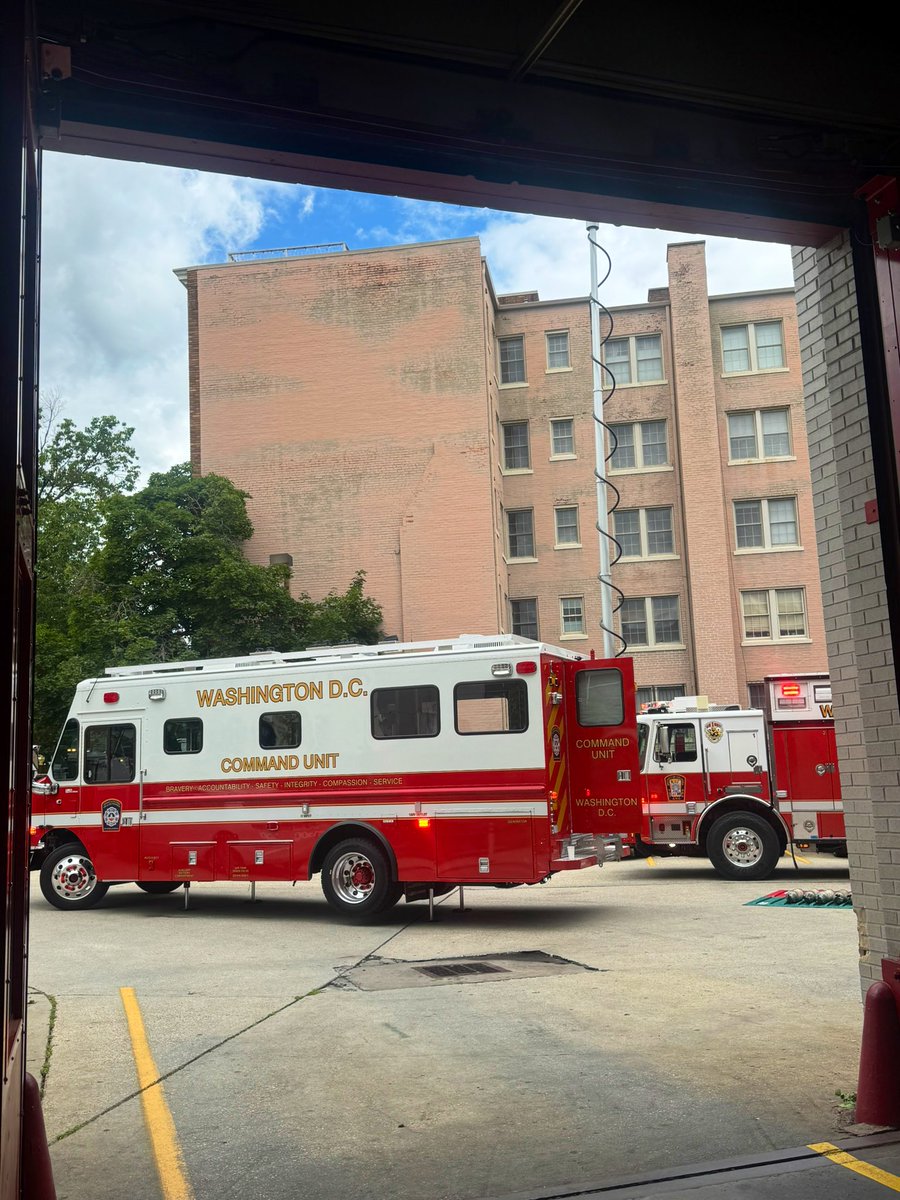 Working Fire 1400 block Newton St NW. Notified @RedCrossNCGC for 6 adults & 1 cat displaced. Unusual aspect of fire was special units responded thru empty apparatus bays of firehouse on corner and operated from back parking lot of station. DC firefighters