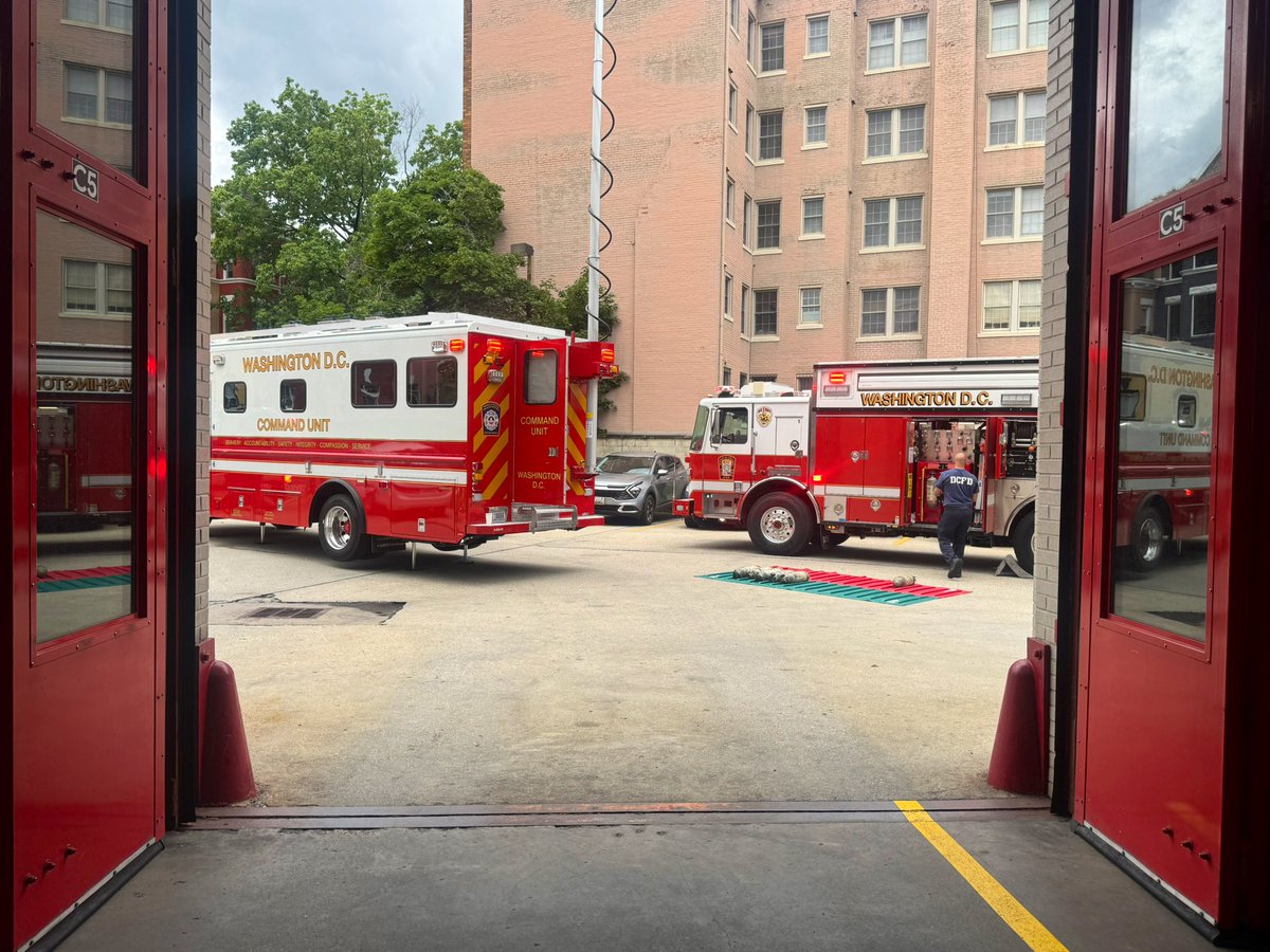 Working Fire 1400 block Newton St NW. Notified @RedCrossNCGC for 6 adults & 1 cat displaced. Unusual aspect of fire was special units responded thru empty apparatus bays of firehouse on corner and operated from back parking lot of station. DC firefighters
