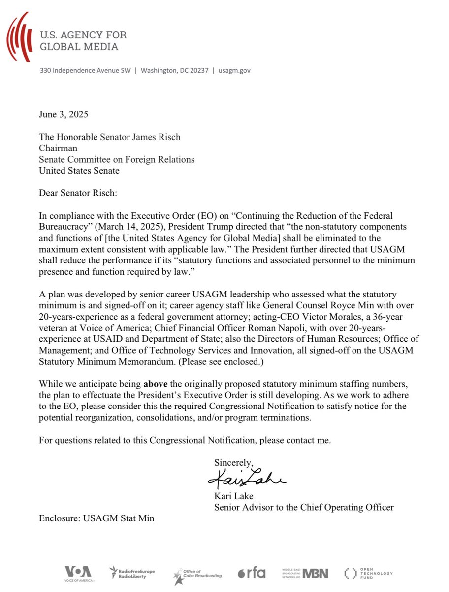 Trump admin formally notifies Congress it is planning to eliminate USAGM, leaving VoA with 11 positions only. “As a part of this process, USAGM should engage with the State Department based on the deletion of language services,” reads a letter 