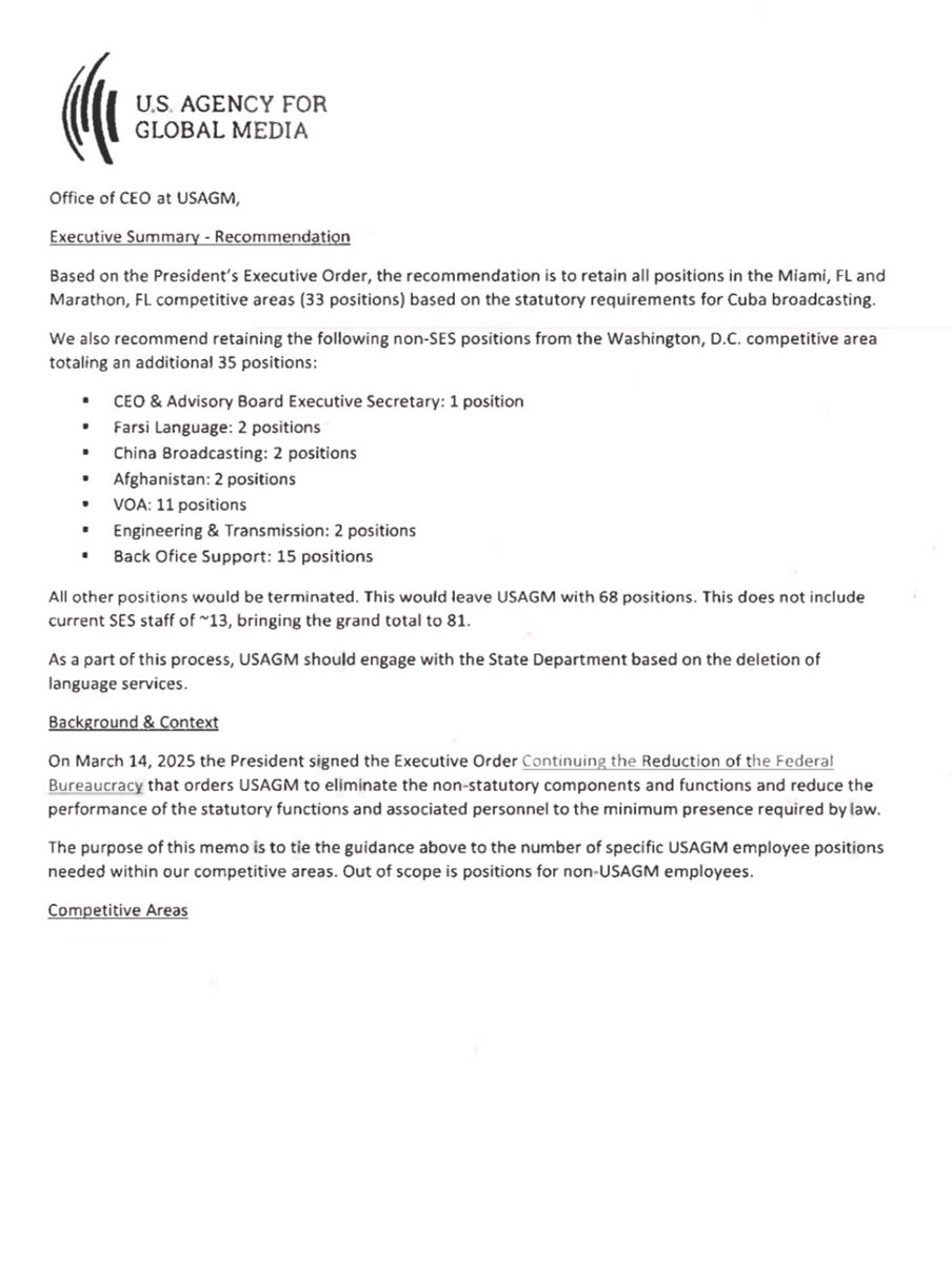 Trump admin formally notifies Congress it is planning to eliminate USAGM, leaving VoA with 11 positions only. “As a part of this process, USAGM should engage with the State Department based on the deletion of language services,” reads a letter 