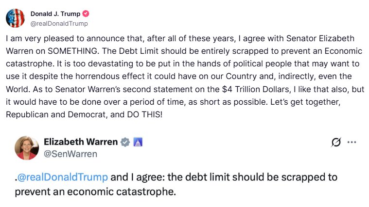 Trump: the debt limit should be entirely scrapped to prevent an economic catastrophe. It is too devastating to be put in the hands of political people that may want to use it despite the horrendous effect it could have on our country and, indirectly, even the world, - Truth Social
