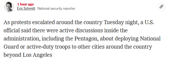 Volgens de New York Times wordt er momenteel druk gesproken over de inzet van de Nationale Garde of actieve troepen in andere steden in het land, buiten Los Angeles.