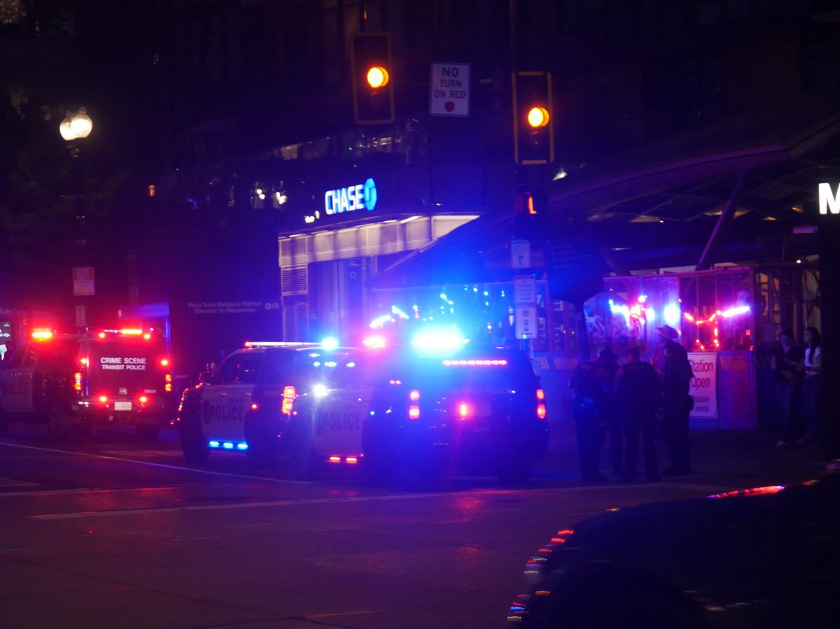 Large Metro Transit police presence at the Navy Yard-Ballpark metro station on M Street SE following the Congressional Baseball Game at Nats Park. Looks like police have one in custody, reason unknown.