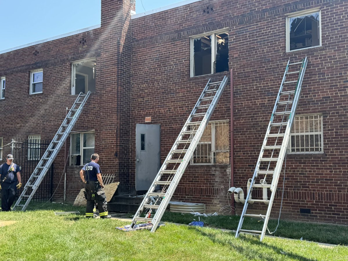 Box Alarm 3500 block Ames St NE. Fire 1st floor hallway under control. 2 civilians evaluated by EMS required no further medical treatment. Request @RedCrossNCGC  for 3 displaced adults. 1 civilian brought to safety via portable ladder. Investigators on scene.